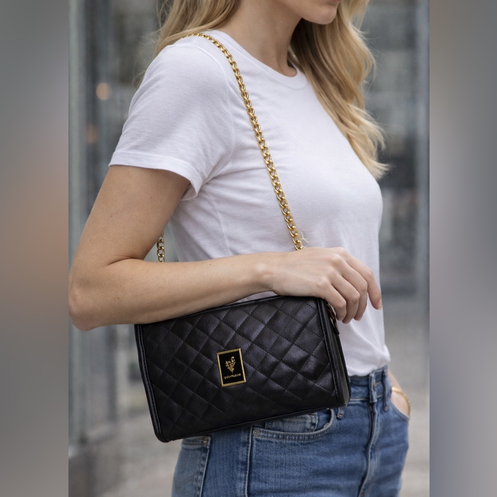Younique Black Quilted Crossbody Bag Gold Chain Strap Faux Leather Purse